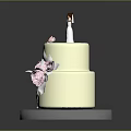 Two Tier White Wedding Cake Decorated With Pink Roses And Figurine On Grey Platter