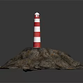 Red and white striped lighthouse tower on rocky coastal terrain with windows and white lantern