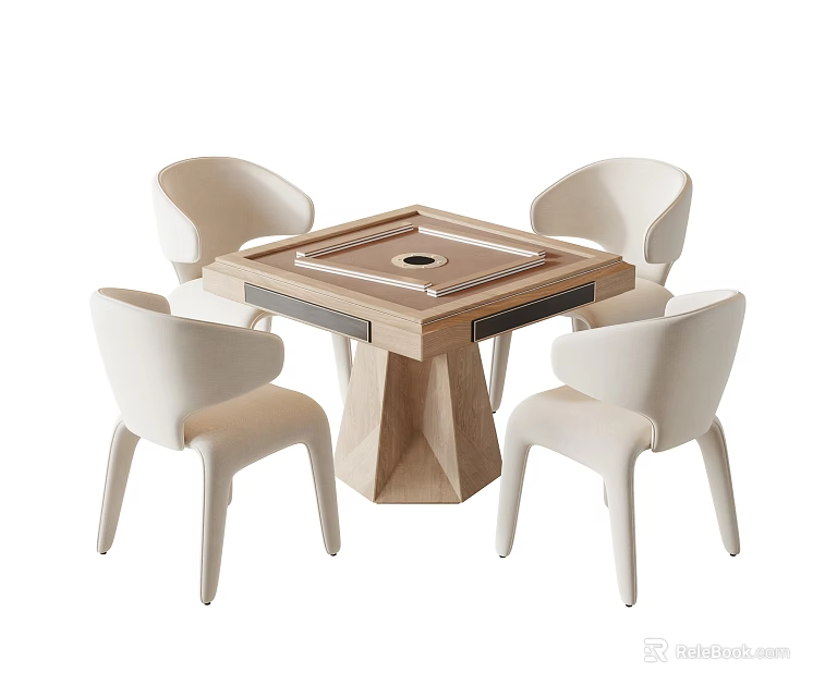 Modern Wooden Entertainment Table With Round Center And Four White Chairs 3d model 