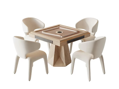 Modern Wooden Entertainment Table With Round Center And Four White Chairs 3d model