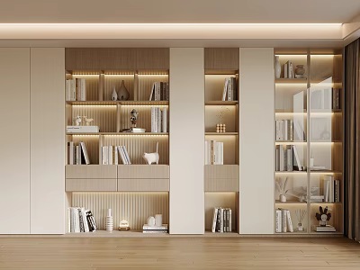 Modern Wooden Bookcase With Glass Doors LED Lighting Layered Shelves And Decorative Items 3d model