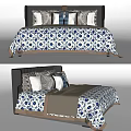 Double Bed With Blue White Floral Bedding Multiple Pillows And Gray Runner 3d model