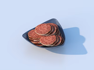 Round Textured Cookies Stacked in Blue Triangular Bowl on Light Surface 3d model