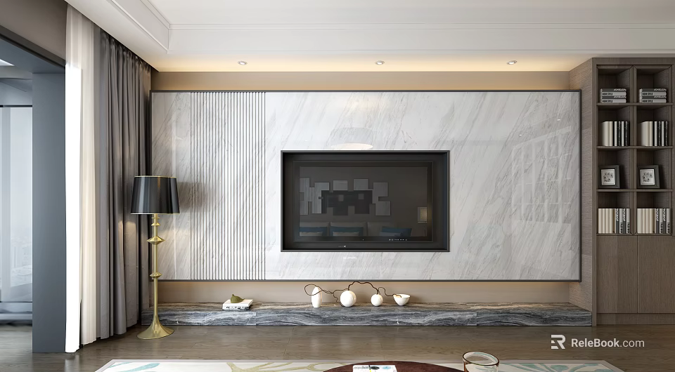 Modern TV Background Wall With Marble Panel Floor Lamp And Decorative Items 3d model