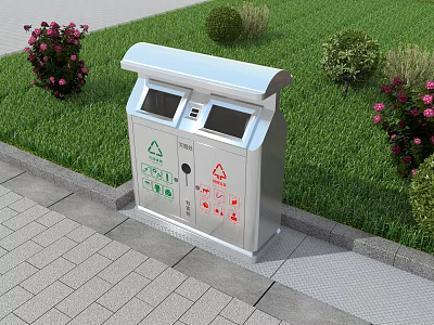 Roadside Dual Compartment Trash Bin On Paved Sidewalk With Green Lawn And Flowers 3d model