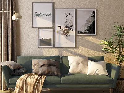 Green Two Seater Sofa with Throw Pillows Blanket Wall Art Floor Lamp and Potted Plant 3d model