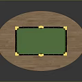 Billiard Table With Green Felt Surface Brown Frame Yellow Corner Cushions On Round Wooden Floor