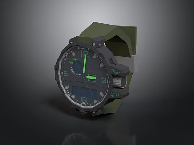 Tactical Green Watch With Black Dial Rubber Strap And Glowing Digital 3d model