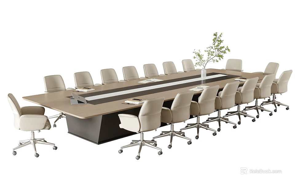 Modern Office Conference Table With Multiple Rolling Chairs And Center Plant Decoration 3d model 