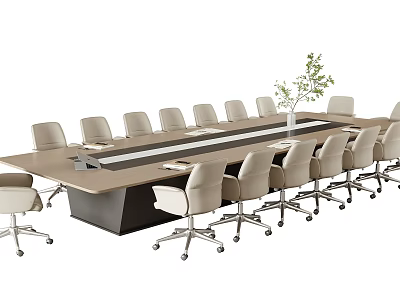 Modern Office Conference Table With Multiple Rolling Chairs And Center Plant Decoration 3d model