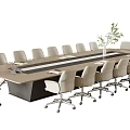 Modern Office Conference Table With Multiple Rolling Chairs And Center Plant Decoration