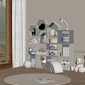 Geometric Storage Cabinets in Kids Room with Stuffed Toys Round Rug and Wooden Floor