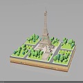 Eiffel Tower Architecture with Square Platform and Lush Green Trees 3d model