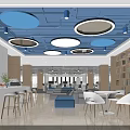 Modern Break Room Interior With Blue Ceiling Circular Lights Bookshelves Bar Counter And Tables Chairs