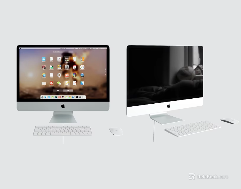 Two iMac Desktop Computers With White Keyboards Mice Screens Displaying App Icons and Interior Scene 3d model 