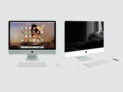 Two iMac Desktop Computers With White Keyboards Mice Screens Displaying App Icons and Interior Scene 3d model