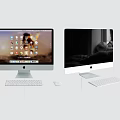 Two iMac Desktop Computers With White Keyboards Mice Screens Displaying App Icons and Interior Scene