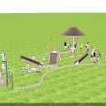 Outdoor Children's Play Park With Wooden Pavilion Slide Tunnels Green Trees And Kids Playing