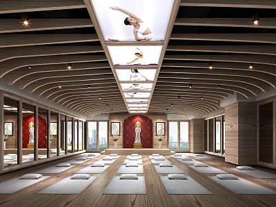 Spacious Yoga Studio With Wooden Ceiling Floors Mirrors Yoga Pose Projections And Neatly Arranged Mats 3d model