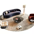 Modern Sofa Coffee Table Set With Blue Upholstery Black Glass Top And Geometric Rug