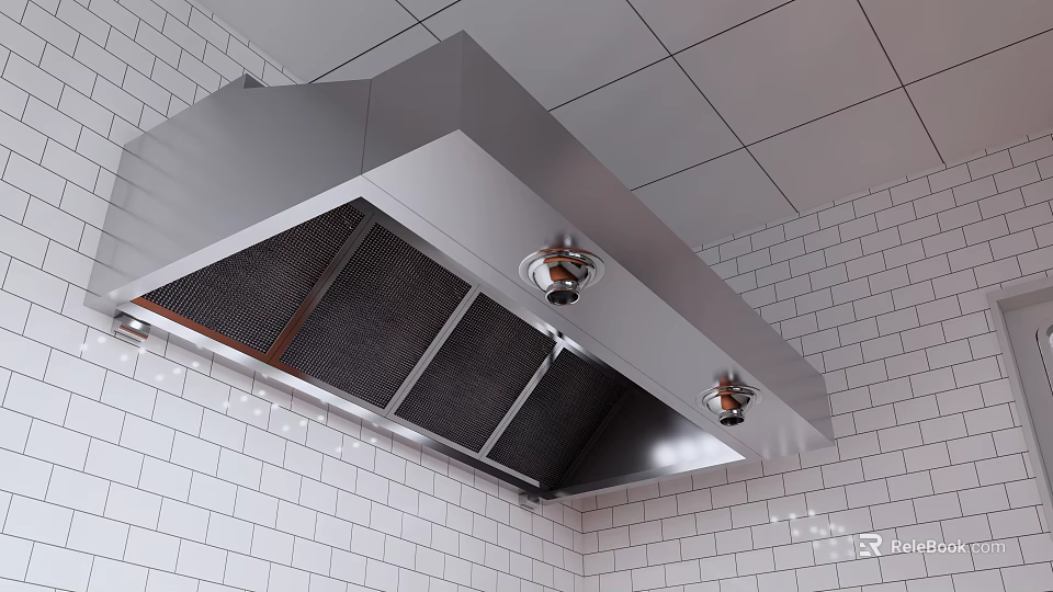 Modern Cafeteria Interior Design With Stainless Steel Range Hood White Tiled Walls And Ceiling 3d model 