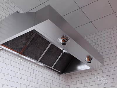 Modern Cafeteria Interior Design With Stainless Steel Range Hood White Tiled Walls And Ceiling 3d model