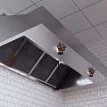 Modern Cafeteria Interior Design With Stainless Steel Range Hood White Tiled Walls And Ceiling