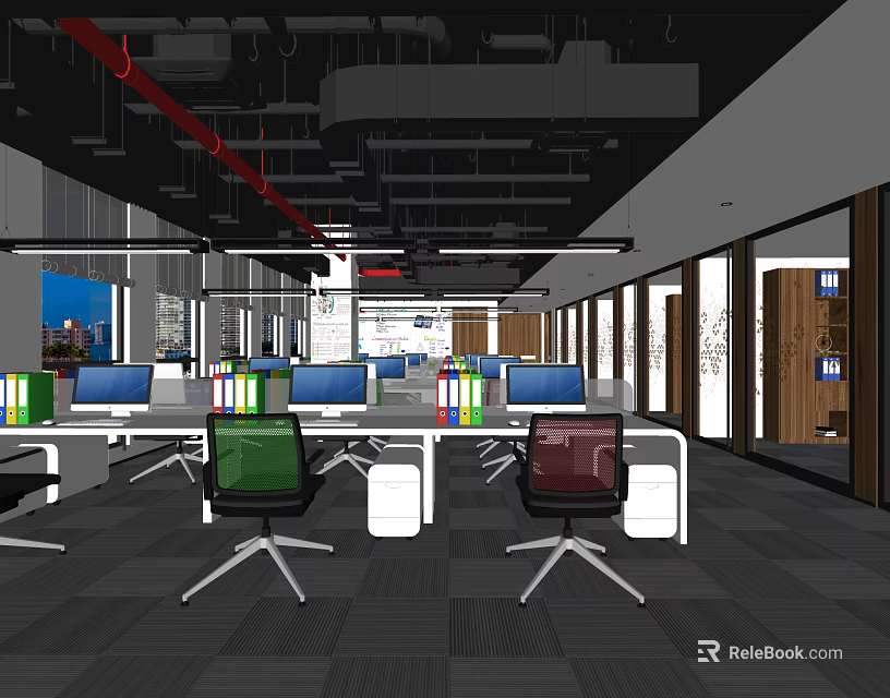 Modern Public Office Space With Open Layout Desks Computers And Colorful Chairs 3d model