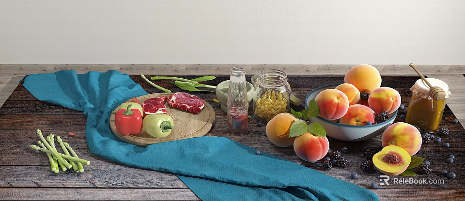 Fresh Food Display With Steak Bell Peppers Asparagus Corn Peaches And Blueberries 3d model 