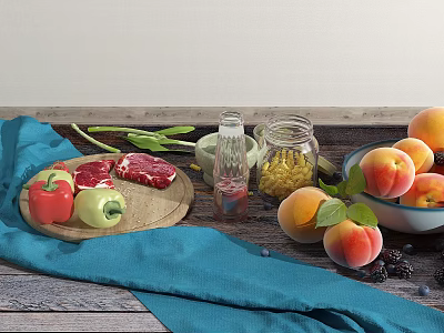 Fresh Food Display With Steak Bell Peppers Asparagus Corn Peaches And Blueberries 3d model
