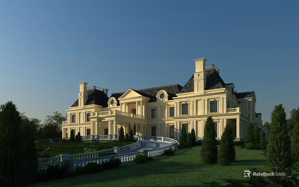 Luxury European Style Detached Villa With Yellow Exterior Dark Roof And Lawn Greenery 3d model 