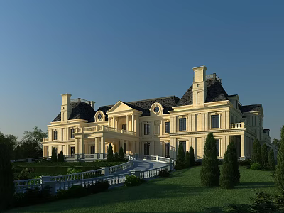 Luxury European Style Detached Villa With Yellow Exterior Dark Roof And Lawn Greenery 3d model