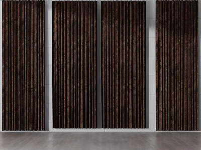 Dark Brown Vertical Textured Curtains Against White Wall And Gray Floor 3d model