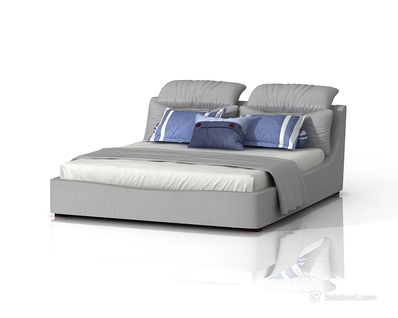 Modern Double Bed Interior Featuring Gray Frame White Mattress and Blue Pillows 3d model 