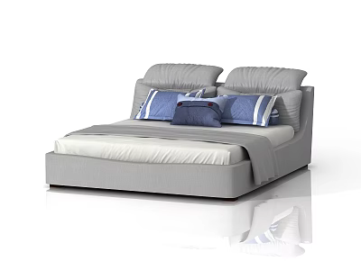 Modern Double Bed Interior Featuring Gray Frame White Mattress and Blue Pillows 3d model