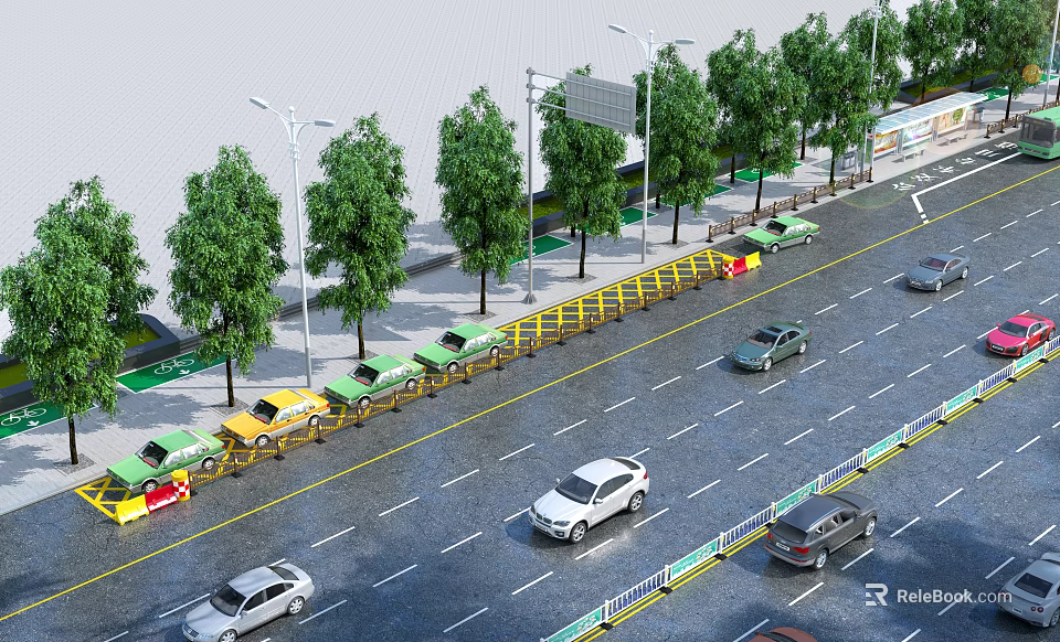 Urban Road Facilities With Lanes Vehicles Street Lamps Trees And Traffic Dividers 3d model 