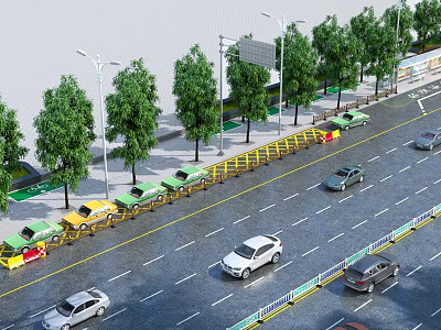 Urban Road Facilities With Lanes Vehicles Street Lamps Trees And Traffic Dividers 3d model