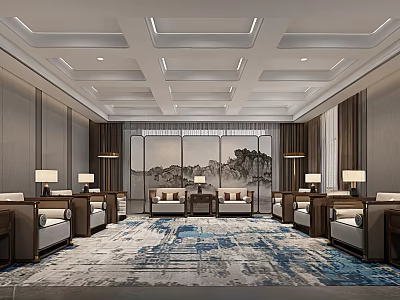Modern Chinese Hotel Public Lounge Area With Wooden Sofas Decorative Paintings And Area Rug 3d model