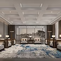 Modern Chinese Hotel Public Lounge Area With Wooden Sofas Decorative Paintings And Area Rug