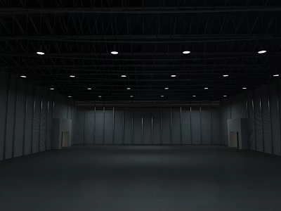 Empty Large Indoor Industrial Space With Gray Walls Black Ceiling And Round Lights 3d model