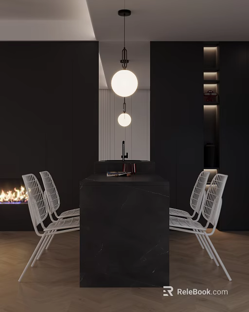 Modern Living Dining Room Interior With Black Countertop White Chairs Round Pendant Lights And Fireplace 3d model 