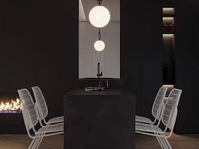 Modern Living Dining Room Interior With Black Countertop White Chairs Round Pendant Lights And Fireplace 3d model