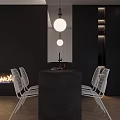 Modern Living Dining Room Interior With Black Countertop White Chairs Round Pendant Lights And Fireplace
