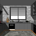 Modern Kitchen Interior With Marble Walls Gray Cabinets Blinds And Black Appliances