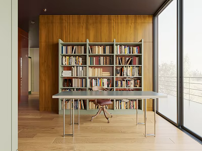 Modern Study Room With Wooden Wall Bookshelf Long Desk Chair And Floor to Ceiling Window 3d model