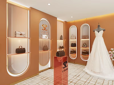 Elegant Bridal Shop With White Wedding Dress Display Shelves And Arched Orange Walls 3d model
