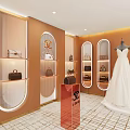 Elegant Bridal Shop With White Wedding Dress Display Shelves And Arched Orange Walls