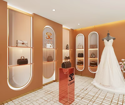 Elegant Bridal Shop With White Wedding Dress Display Shelves And Arched Orange Walls 3d model