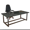 Rustic Office Interior With Metal Frame Desk Wooden Top And Rolling Office Chair