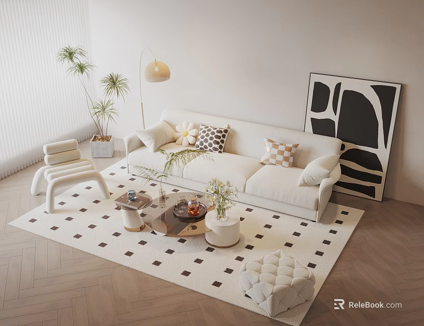 Modern White Sofa And Coffee Table Set With Decorative Pillows Patterned Rug And Abstract Art 3d model 